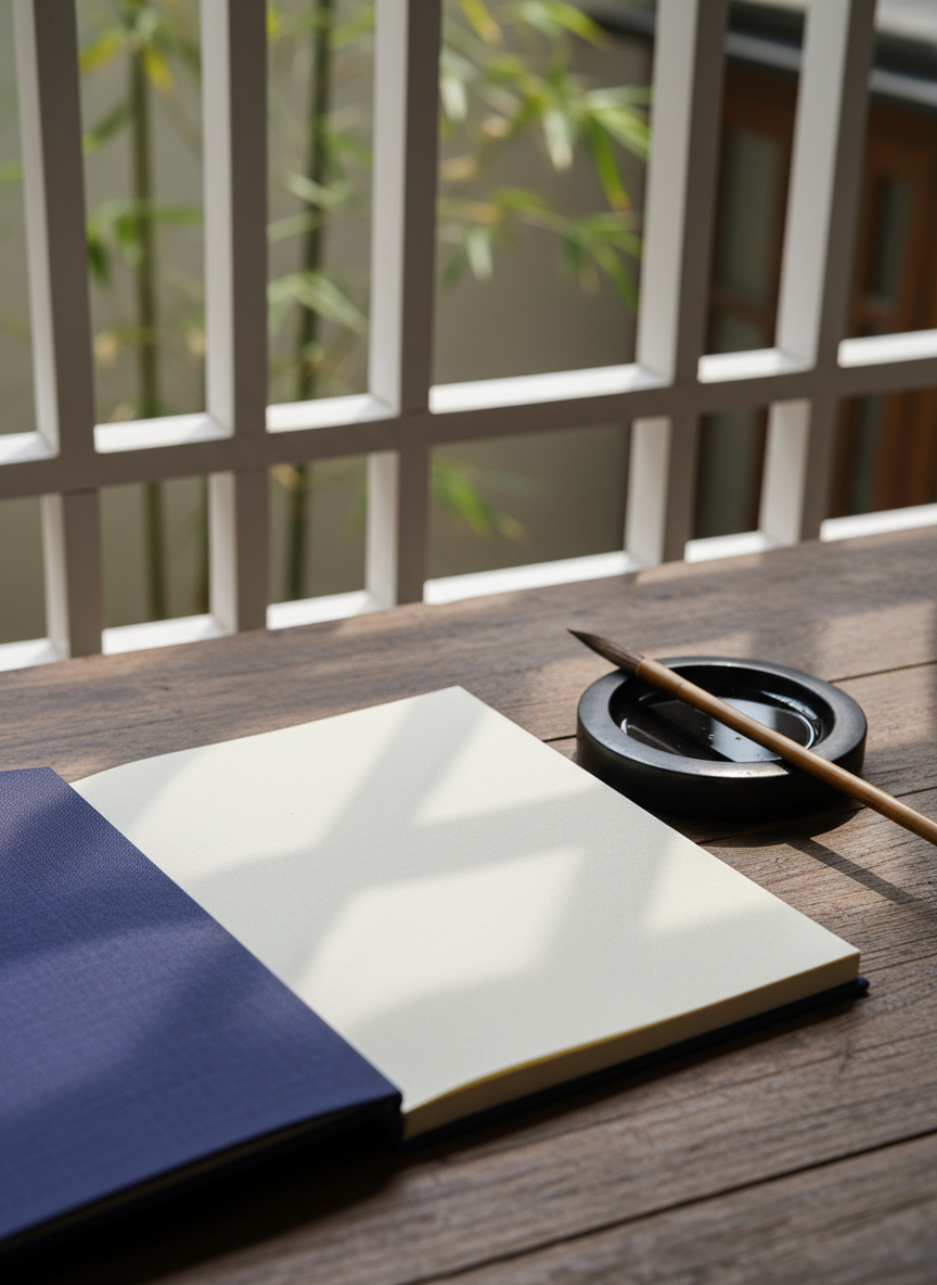A delicately bound, deep-indigo poetry notebook lies open on a dark wooden desk, its creamy blank pages inviting words. A fine-bristled calligraphy brush rests across an inkstone, with a faint trace of glossy black ink catching the light. Outside a nearby lattice window, an out-of-focus hint of bamboo suggests a quiet courtyard. Soft morning light filters through, creating gentle highlights on the paper’s subtle texture and long, calm shadows across the desk. Photographic realism, shot at eye level with a shallow depth of field, the notebook and brush in crisp focus while the background melts into a tranquil blur, evoking a refined, contemplative mood suited to classical Chinese poetry.