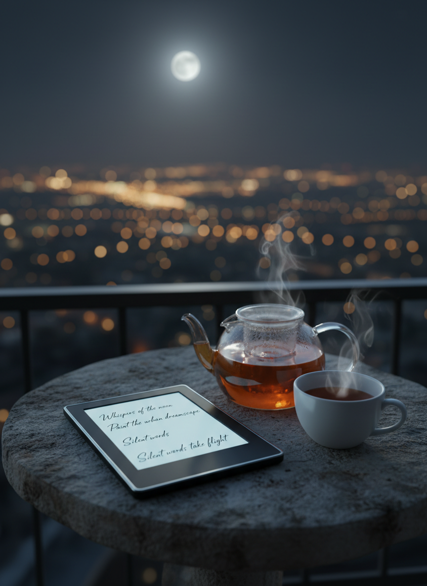 A night scene of a quiet balcony overlooking a distant, softly glowing city skyline, used as an imagined setting for writing late-night poems. On a small stone table, a slim, backlit e-reader displays a page of verse as a luminous rectangle, surrounded by a dark, out-of-focus background. A glass teapot with amber tea and a single white ceramic cup sit nearby, faint steam curling in the cool air. Moonlight mixes with subtle ambient city light, creating gentle reflections on the teapot and a silvery rim light on the e-reader. Photographic realism, shot from a low angle across the table surface with a shallow depth of field, evoking solitude, sophistication, and nocturnal inspiration.
