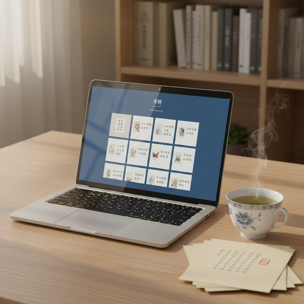 An elegant laptop with a minimalist Chinese interface displays a clean blog layout featuring poetry titles and thumbnail images, set on a pale oak table. Beside it, a porcelain cup of steaming green tea and a neatly stacked set of printed poem pages add tactile contrast. Behind, a blurred bookshelf of neatly arranged volumes in muted covers suggests a well-curated poetry archive. Late-afternoon natural light streams in from the side, creating a warm, sophisticated glow and delicate reflections on the laptop screen. Photographic realism, composed with the laptop on the rule of thirds, moderate depth of field, and a calm, organized atmosphere that conveys a modern yet literary Chinese poetry platform.