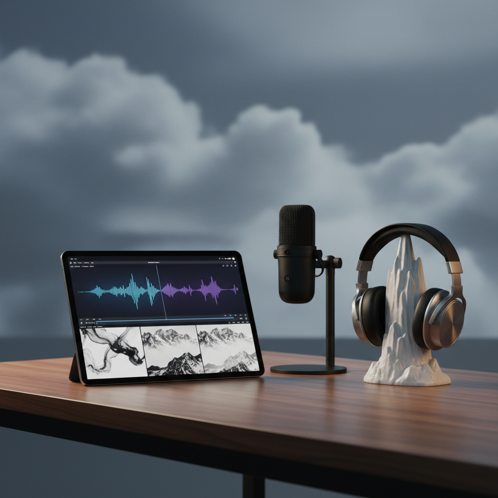 A modern workspace set for creating poetry videos: a sleek tablet on a walnut desk shows a paused video timeline with abstract waveform graphics and thumbnail frames of ink washes and mountains. Next to it, a compact condenser microphone on a minimalist stand, and a pair of high-end headphones resting on a ceramic stand shaped like a stylized mountain range. The background features a blurred projection of monochrome moving clouds on a wall. Soft studio lighting with a cool-warm balance gives gentle highlights and clean shadows. Photographic realism, composed in an asymmetrical, cinematic style with leading lines from the desk edge, conveying a sophisticated fusion of traditional poetic spirit and contemporary digital production.