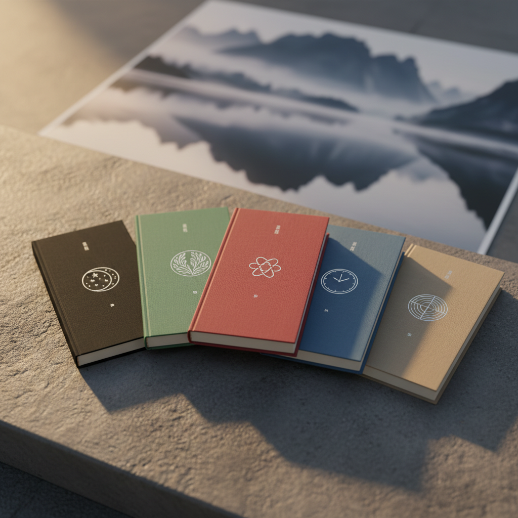 A carefully arranged thematic poetry collection: five slim, differently colored hardcover books—ink-black, jade-green, plum-red, river-blue, and sand-beige—fan out across a textured concrete surface. Each spine features a simple, abstract symbol representing themes like nature, memory, and time, embossed in subtle metallic tones. Behind them, a softly blurred, large print of mist-covered mountains and water hints at classical Chinese landscapes. Gentle golden-hour light from the side casts elongated shadows and reveals the tactile grain of the covers. Photographic realism, overhead three-quarter angle, with crisp focus on the central book and gradual blur toward the edges. The mood is curated, intellectual, and inviting, ideal for a categorized poetry archive interface.