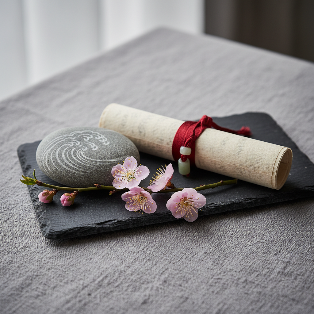 A small, meticulously arranged still life of objects symbolizing Chinese poetry: a rolled rice-paper scroll tied with a crimson silk cord, a smooth river stone engraved with an abstract wave pattern, and a single plum blossom branch resting on a slate tray. They sit atop a textured linen cloth in soft gray. Diffused overcast window light bathes the scene, eliminating harsh shadows and emphasizing textures—the fibrous paper, cool stone, and delicate blossoms. Photographic realism, shot from a slightly elevated angle with a shallow depth of field, leaving the edges of the cloth and distant background in gentle blur. The mood is serene, introspective, and subtly luxurious, ideal for illustrating timeless poetic themes.
