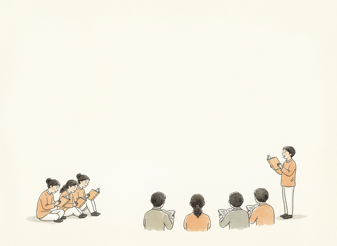 A wide horizontal watercolor illustration on a soft pale cream background. In the bottom-left corner, two or three small figures sit quietly holding open books, reading — heads slightly bowed, books clearly visible. In the bottom-right corner, one small figure stands holding a book open, reciting poetry aloud with a raised head. In the center-bottom area, scattered between the two groups, are several small audience figures — seen from behind or from the side, just their heads and shoulders visible, listening attentively. All figures have clear dark ink outlines with simple warm watercolor fills — dark enough to stand out clearly against the pale background. The figures occupy only the lowest 20 to 25 percent of the image. The upper three-quarters is completely open, luminous pale cream — almost blank with only the faintest soft watercolor wash, ideal for text overlay. No buildings. No furniture. No trees. No decorative elements. Refined, literary watercolor style.